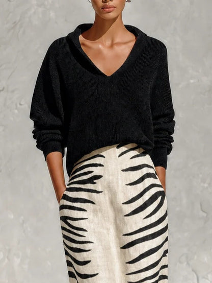 Colette | Ensemble pull col V et jupe midi zébrée