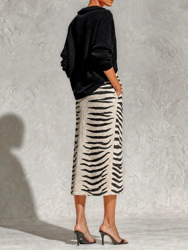 Colette | Ensemble pull col V et jupe midi zébrée