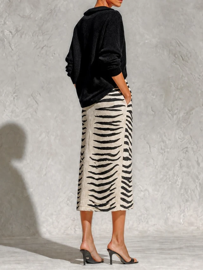 Colette | Ensemble pull col V et jupe midi zébrée