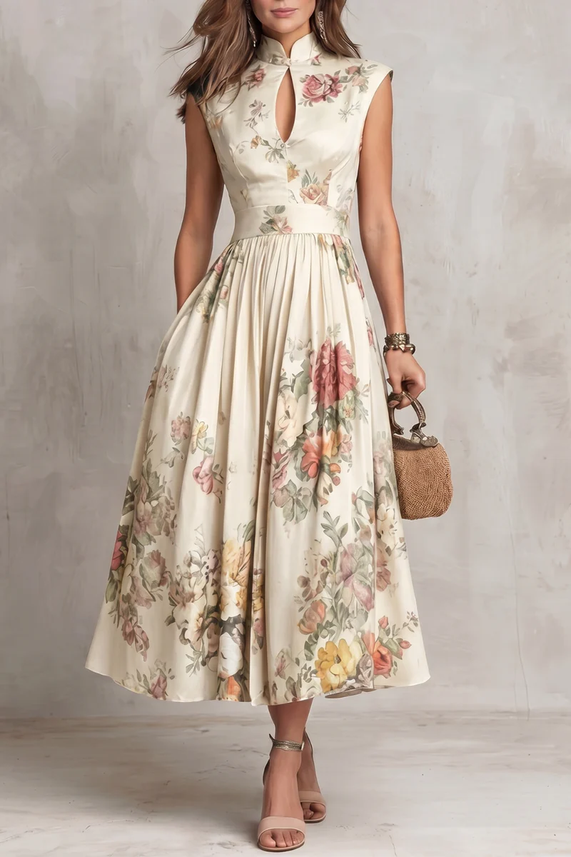 Mary | Robe midi en satin plissé fleuri à col trou de serrure noir