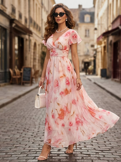 Robe longue fluide fleurie à col V et manches volantées – Invitée de mariage