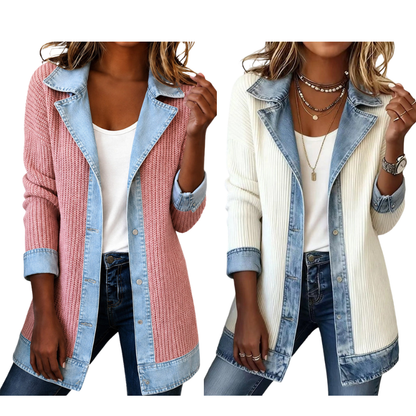 Élégant manteau en maille côtelée à empiècements en jean
