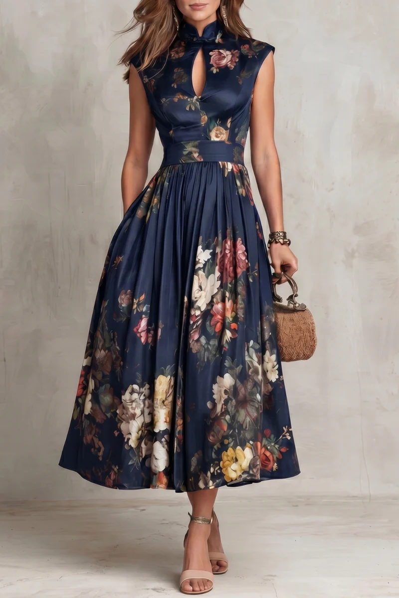 Mary | Robe midi en satin plissé fleuri à col trou de serrure noir