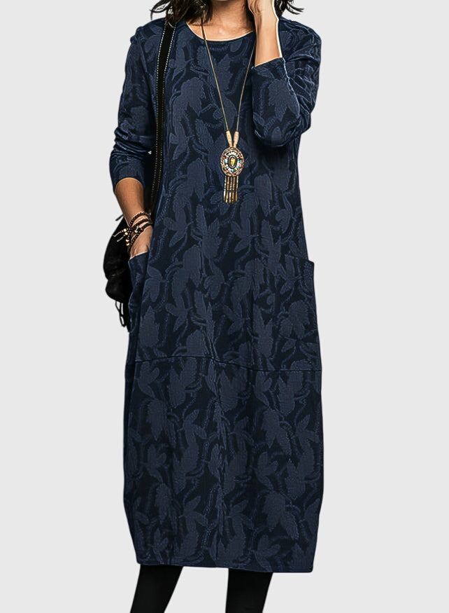 Robe midi décontractée en jacquard fleuri avec poches