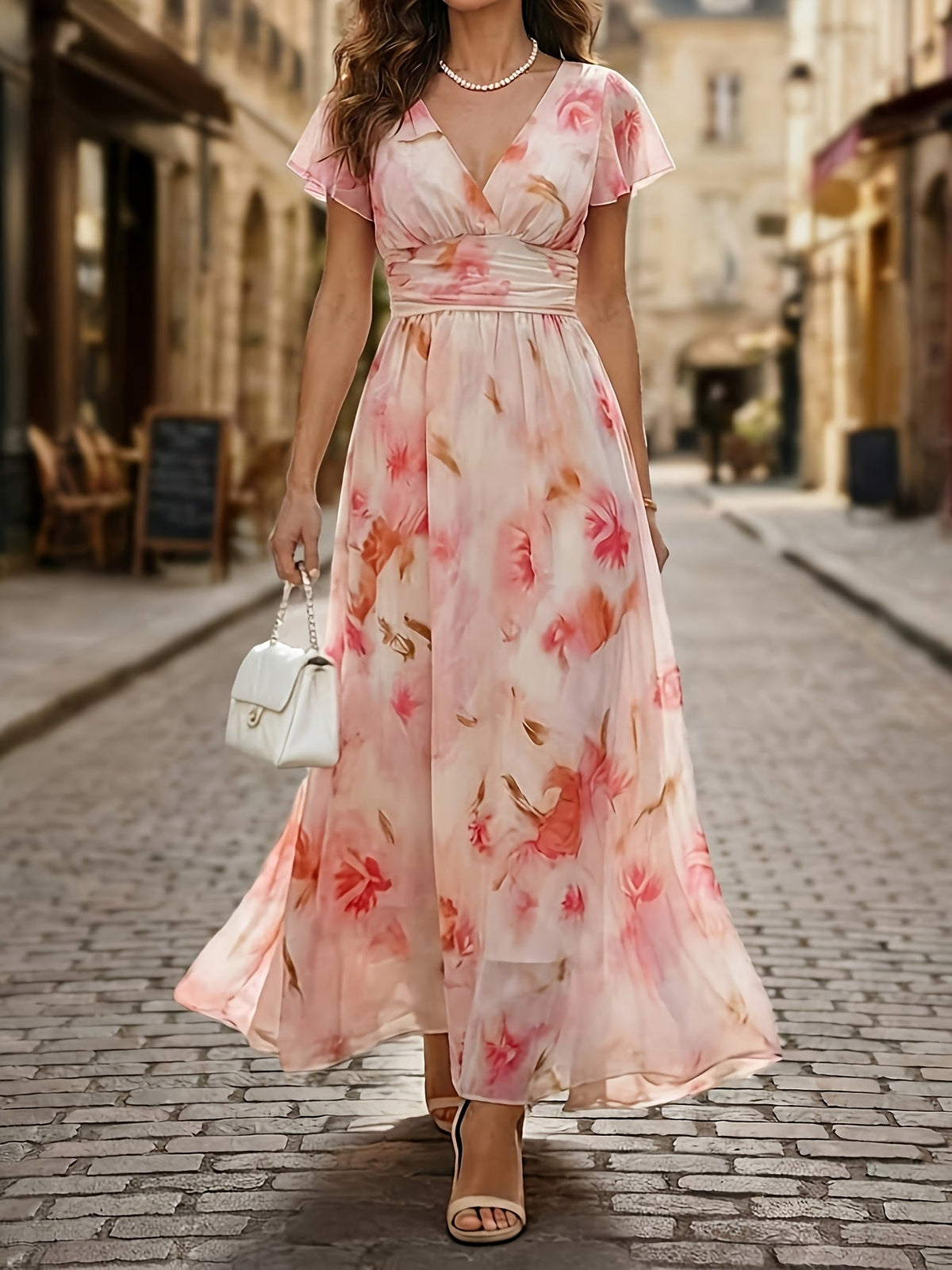 Robe longue fluide fleurie à col V et manches volantées – Invitée de mariage