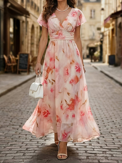 Robe longue fluide fleurie à col V et manches volantées – Invitée de mariage