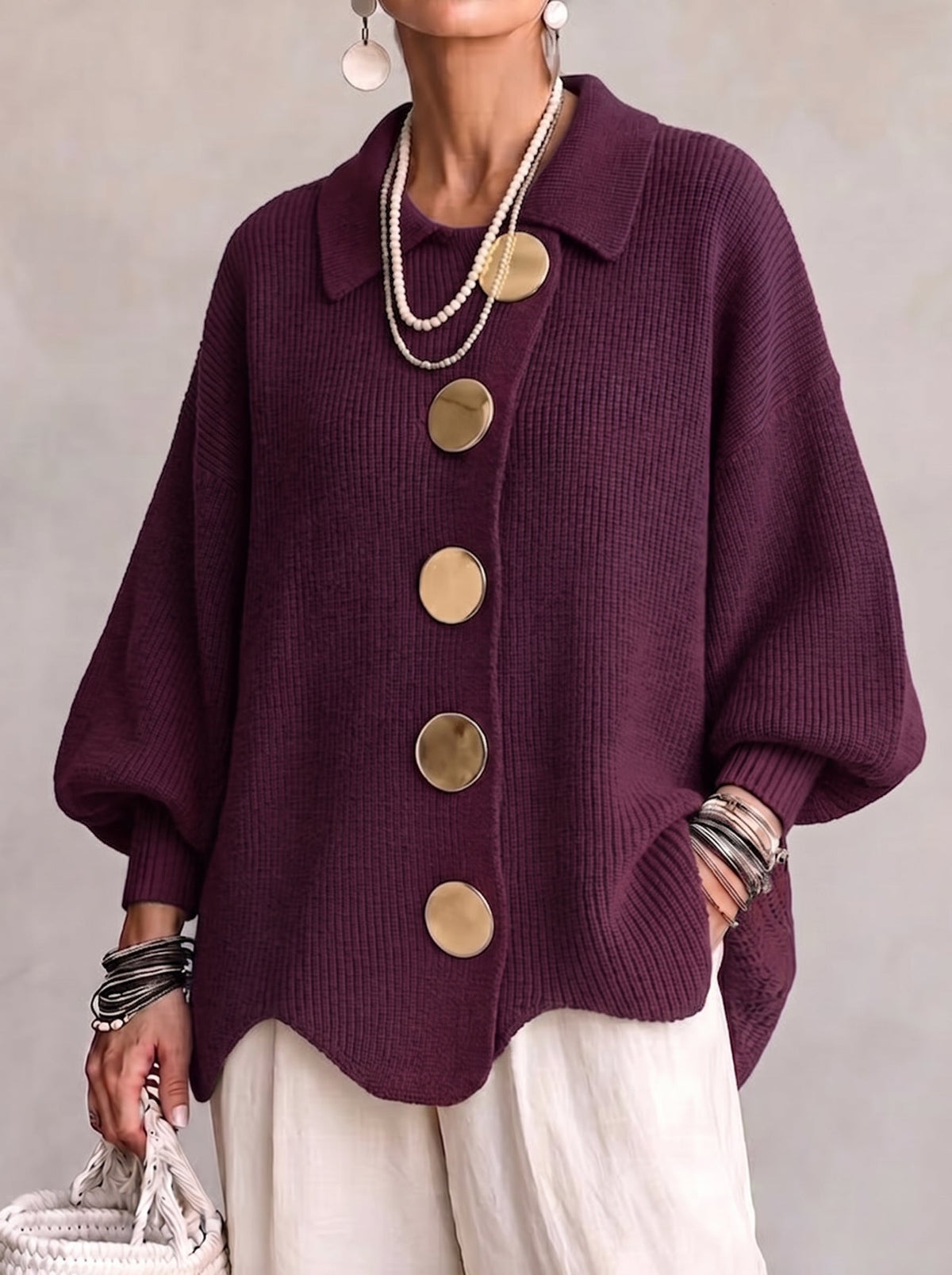 Karina | Cardigan oversize à col et boutons dorés