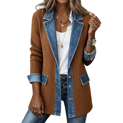 Élégant manteau en maille côtelée à empiècements en jean