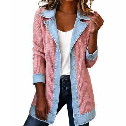 Élégant manteau en maille côtelée à empiècements en jean