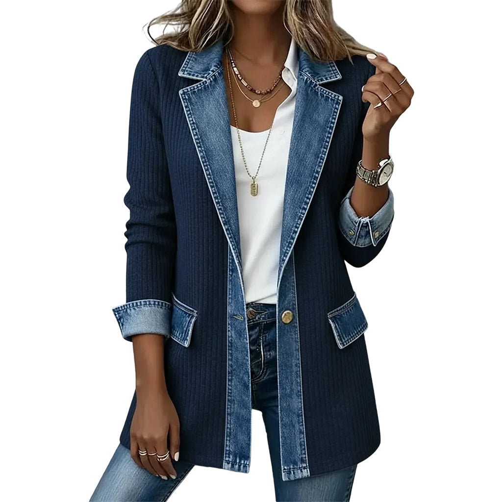 Élégant manteau en maille côtelée à empiècements en jean