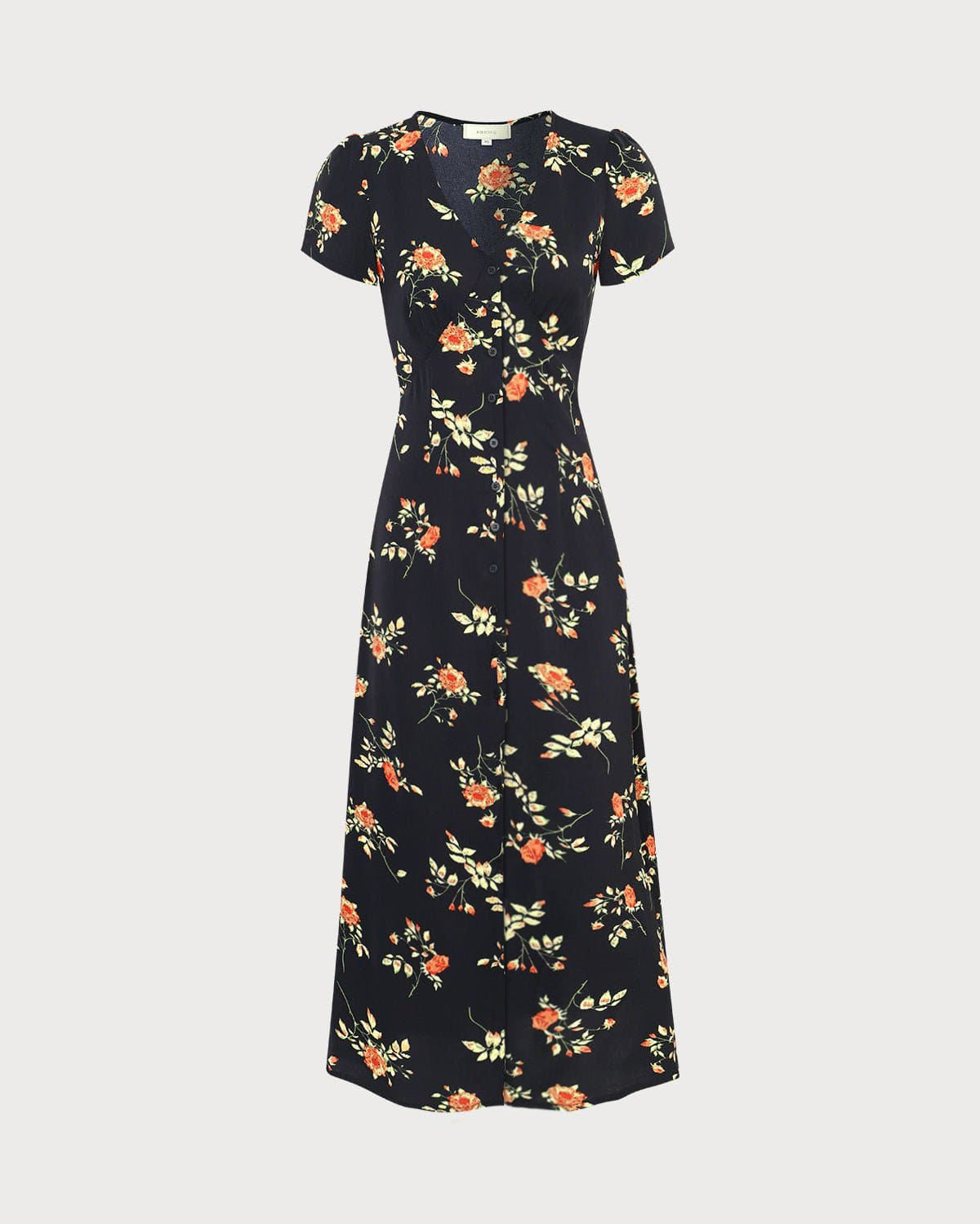 Robe longue noire fleurie à col V et manches courtes