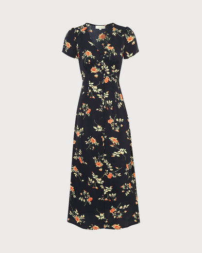 Robe longue noire fleurie à col V et manches courtes