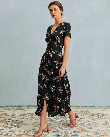 Robe longue noire fleurie à col V et manches courtes