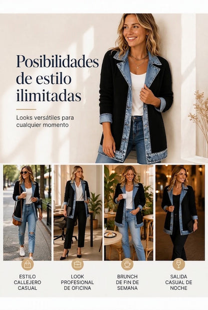 Élégant manteau en maille côtelée à empiècements en jean