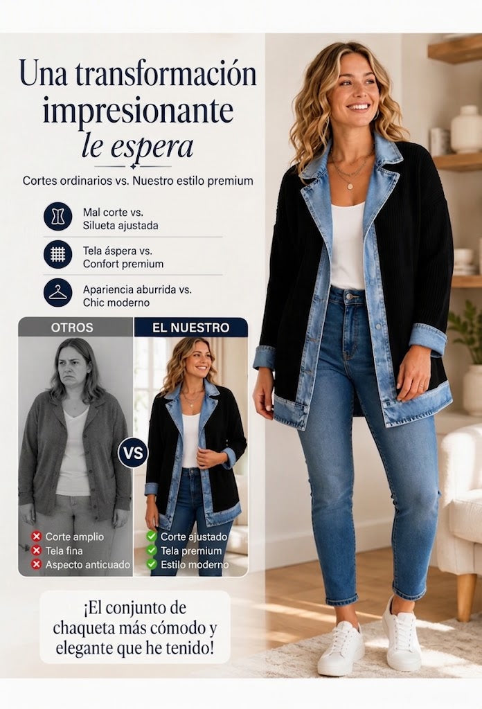 Élégant manteau en maille côtelée à empiècements en jean