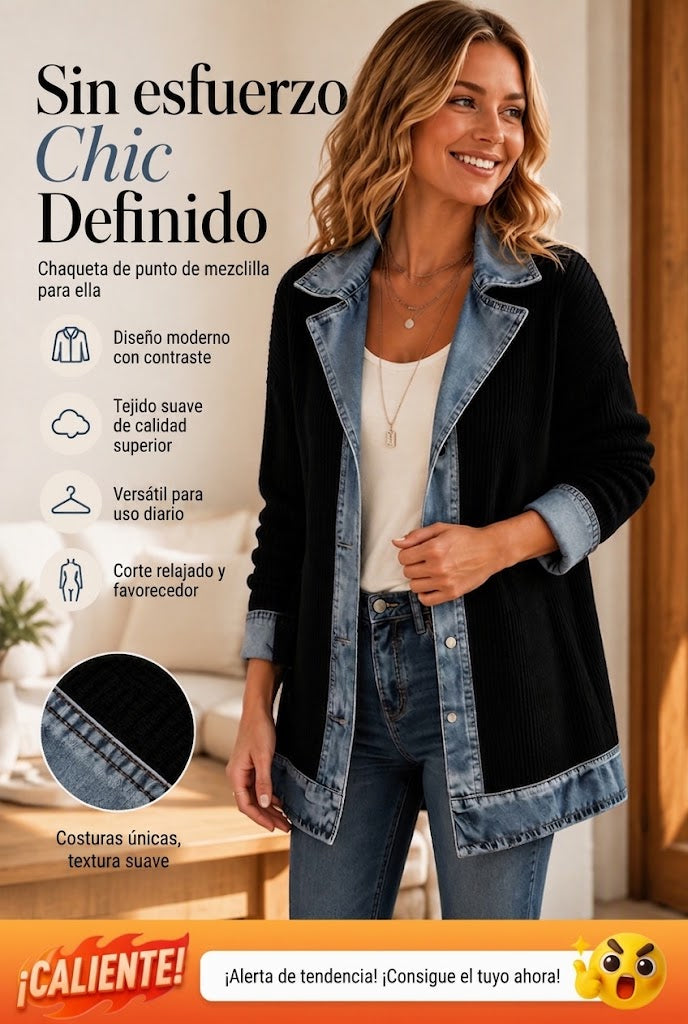 Élégant manteau en maille côtelée à empiècements en jean