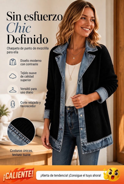 Élégant manteau en maille côtelée à empiècements en jean