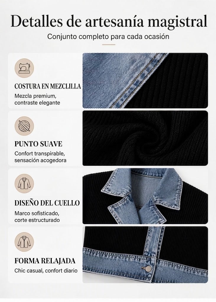 Élégant manteau en maille côtelée à empiècements en jean