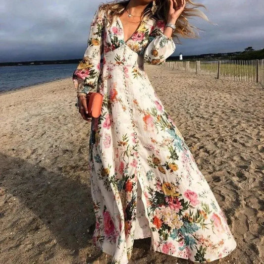 Robe longue fleurie à col V, boutonnée devant, manches bouffantes